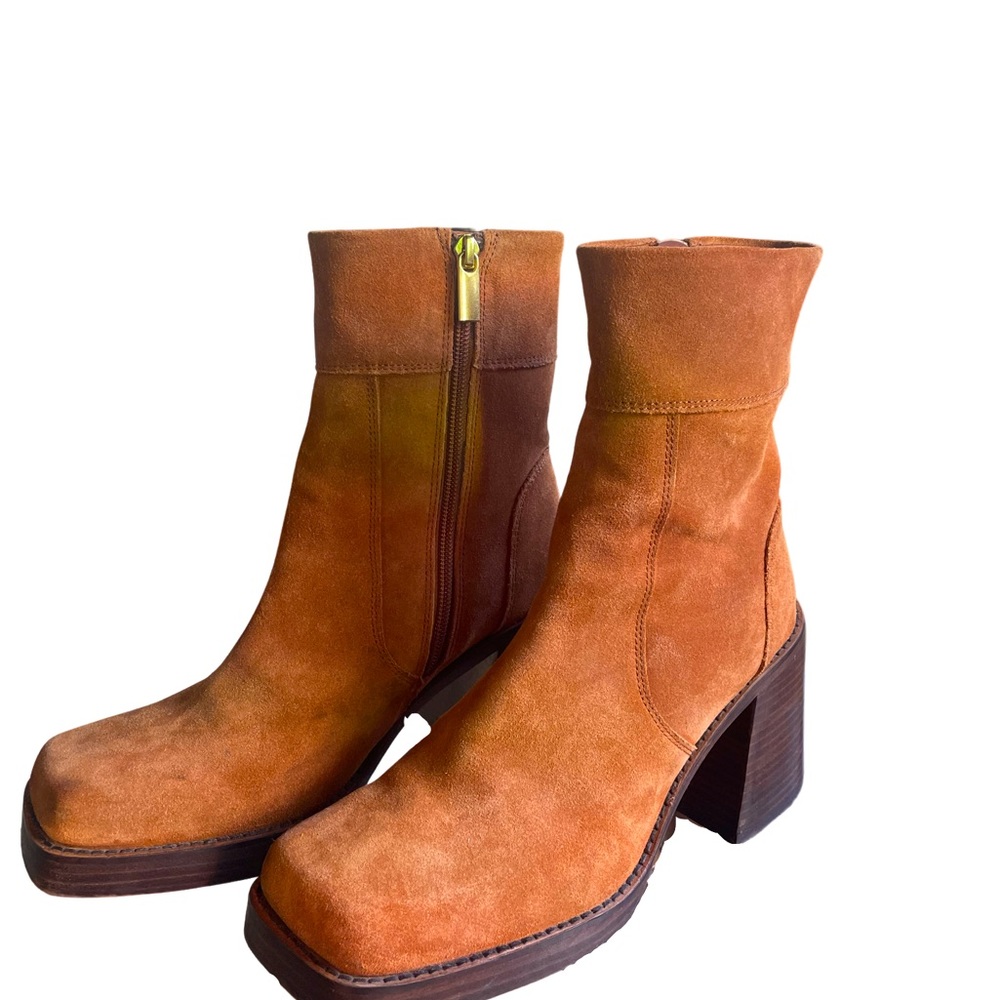 Tan suede retro block heel boots, size 8